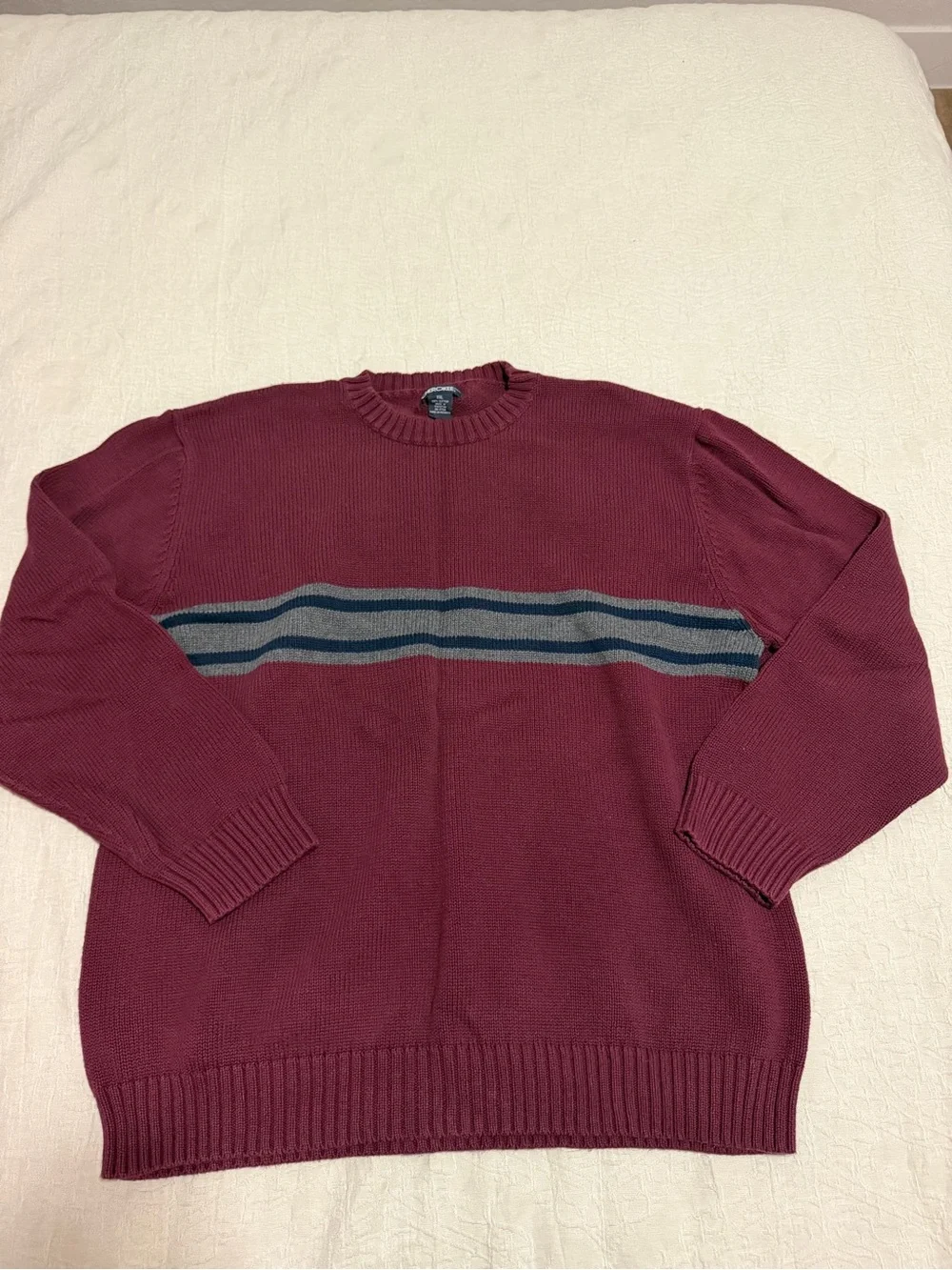 Cherokee Burgundy Crewneck Sweater with Gray and Navy Stripes